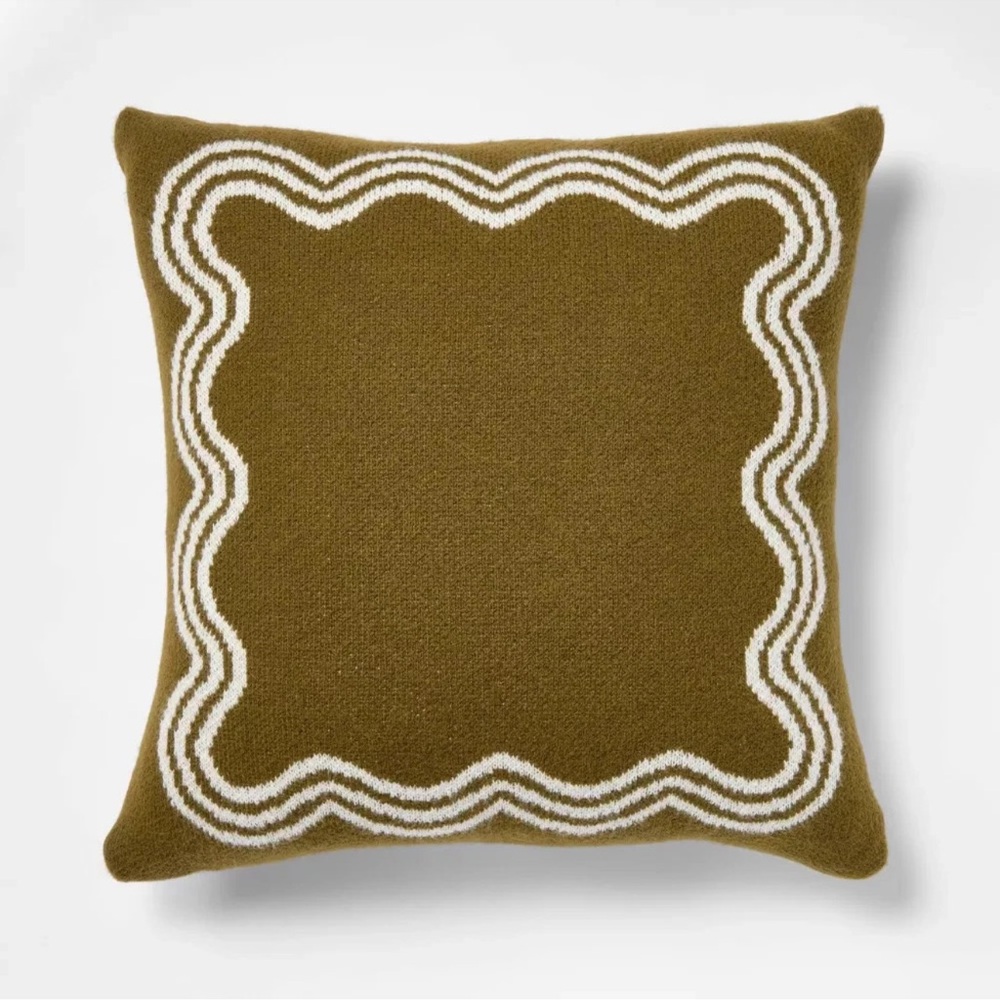 24"x24" Jacquard Knit Pillow with Scallop Pattern Dark Olive-2 available